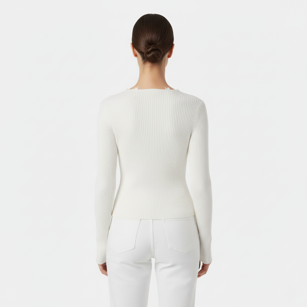 Anna White Ribbed V-Neck Long Sleeve Knitted Top