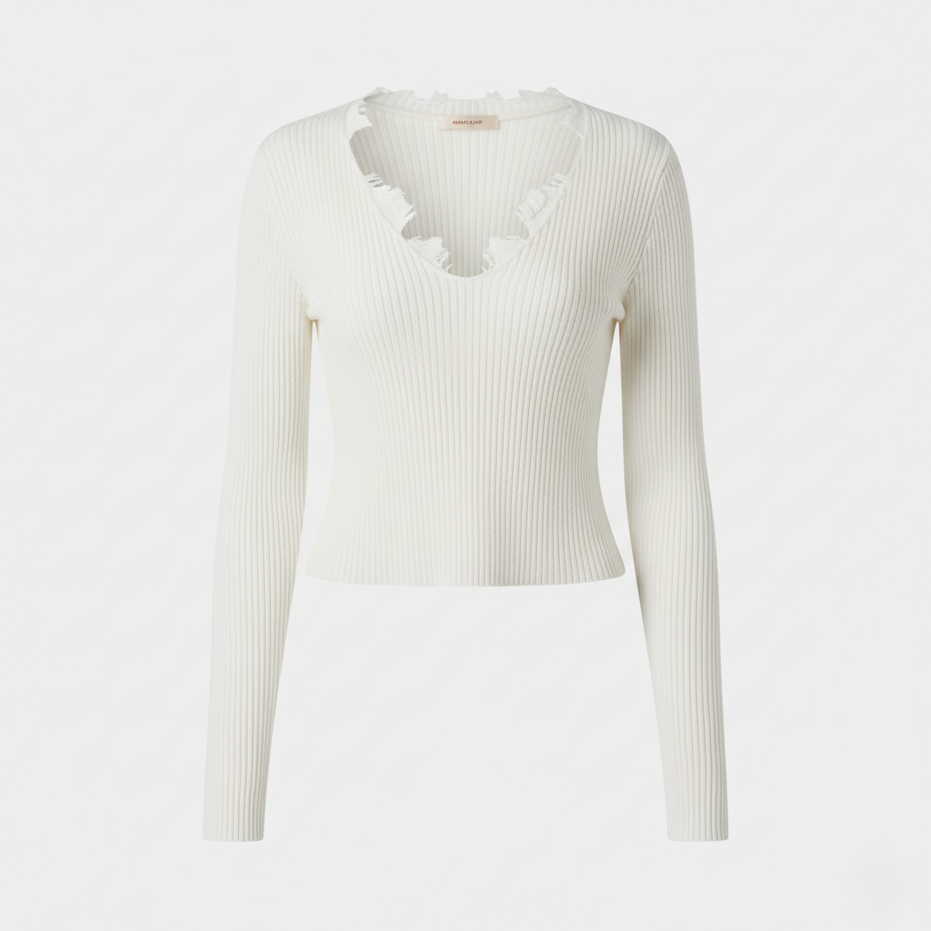 Anna White Ribbed V-Neck Long Sleeve Knitted Top