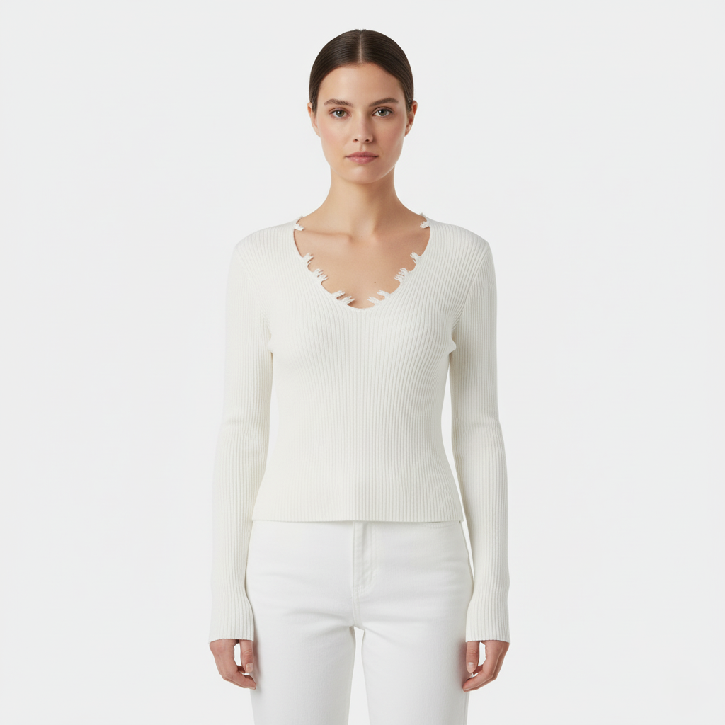 Anna White Ribbed V-Neck Long Sleeve Knitted Top