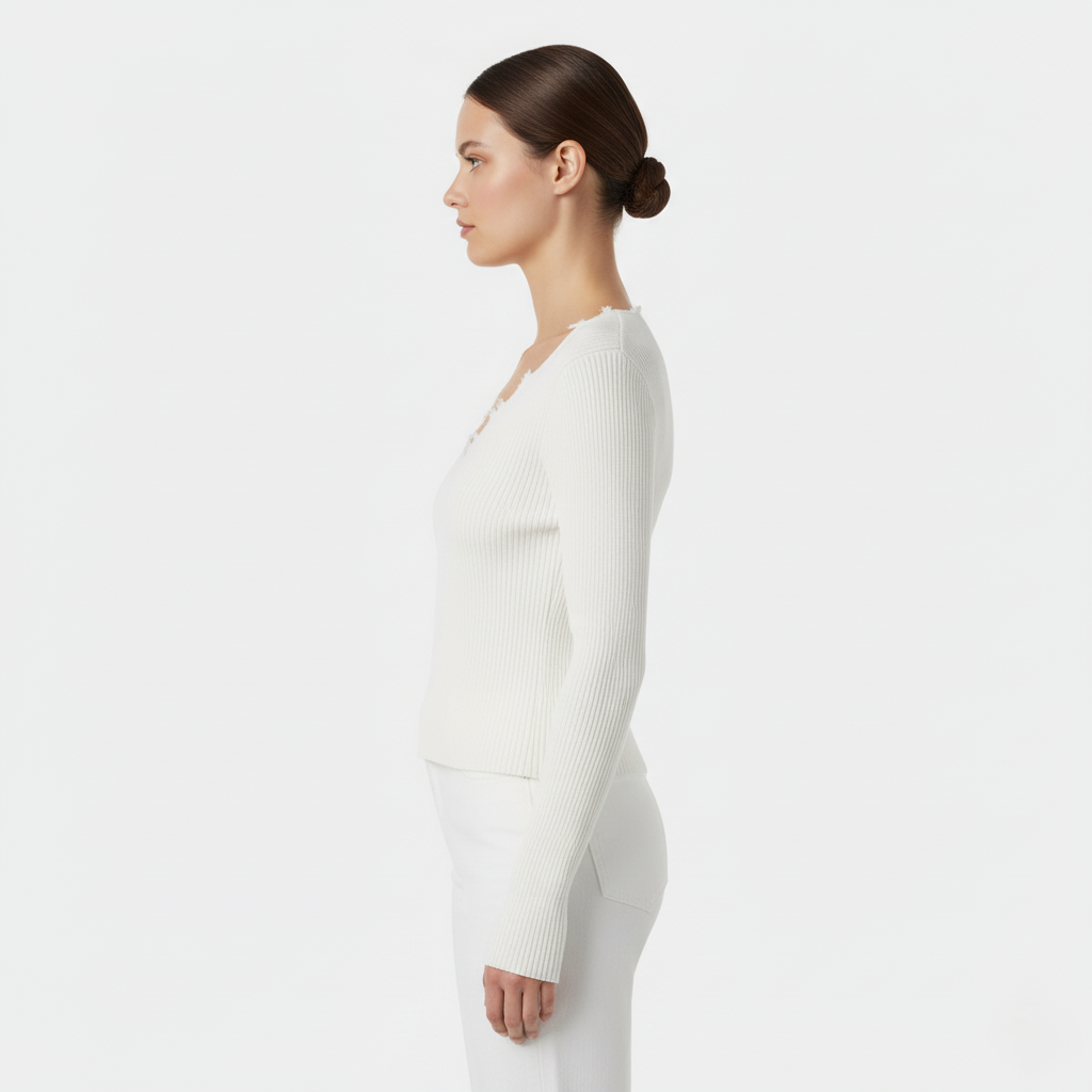 Anna White Ribbed V-Neck Long Sleeve Knitted Top