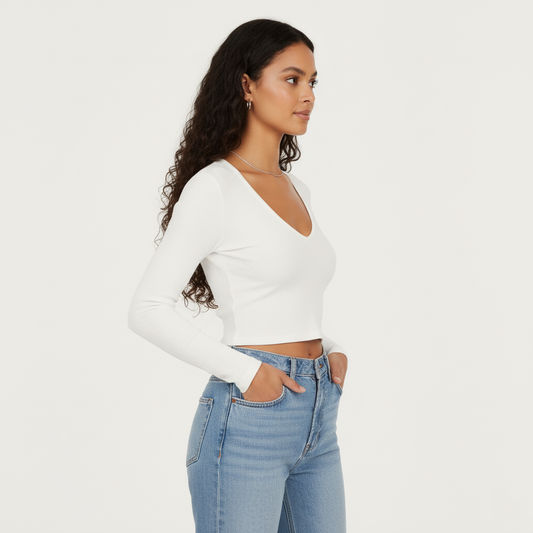 Emma Ribbed Cropped V-Neck Long Sleeve Top