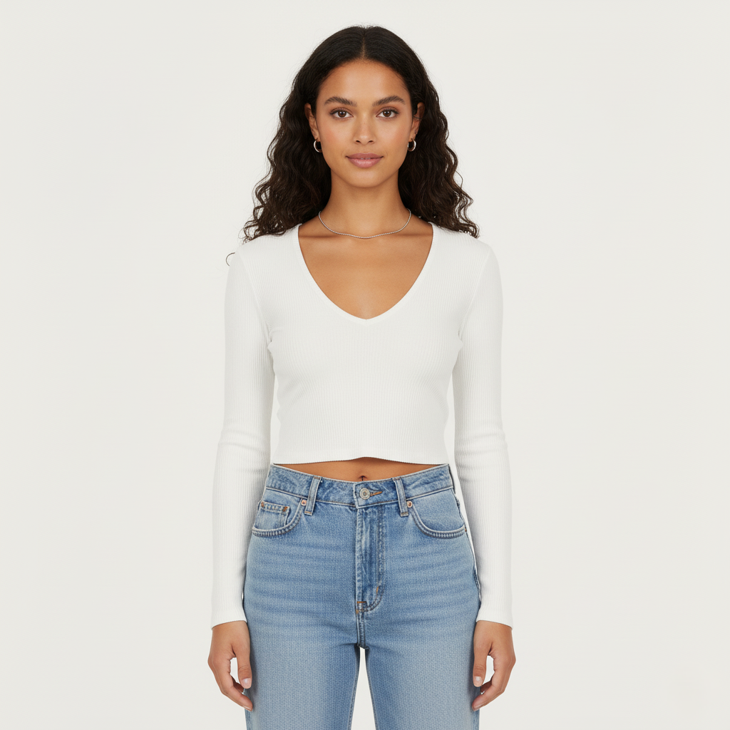 Emma Ribbed Cropped V-Neck Long Sleeve Top