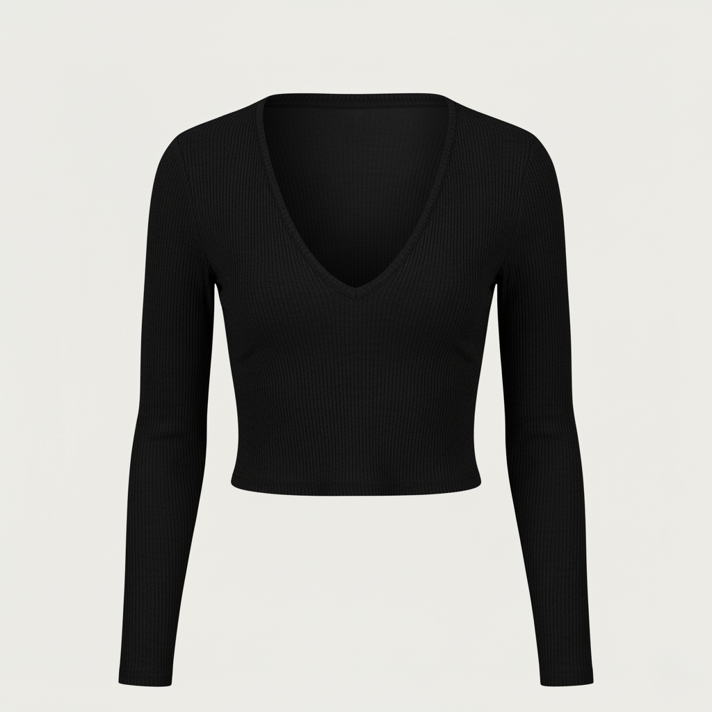 Emma Ribbed Cropped V-Neck Long Sleeve Top