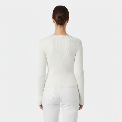 Anna White Ribbed V-Neck Long Sleeve Knitted Top