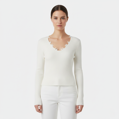 Anna White Ribbed V-Neck Long Sleeve Knitted Top