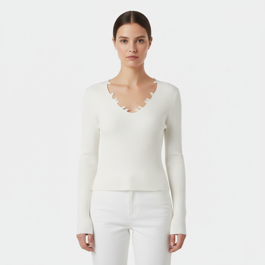 Anna White Ribbed V-Neck Long Sleeve Knitted Top