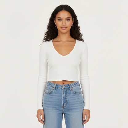 Emma Ribbed Cropped V-Neck Long Sleeve Top
