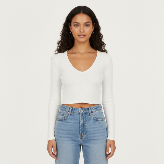 Emma Ribbed Cropped V-Neck Long Sleeve Top