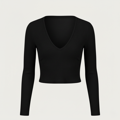 Emma Ribbed Cropped V-Neck Long Sleeve Top